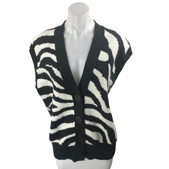MO&Co Black White Wool Zebra Animal Print Short Sleeve Cardigan Sweater Size L - Picture 1 of 4